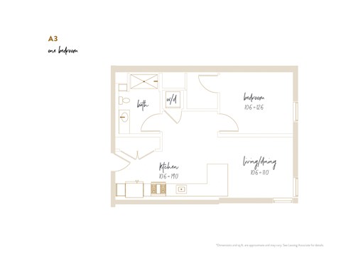 Floor plan for 1 bed, 1 bath, 702 sqft